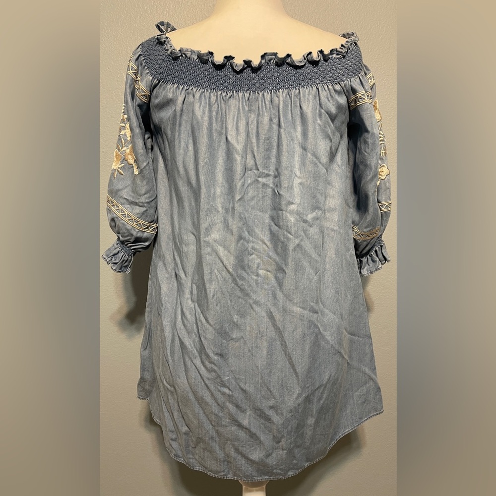 Zara Bardot Embroidered Boho Mini Dress Blue Off Shoulder Western Coastal Medium - Picture 4 of 7